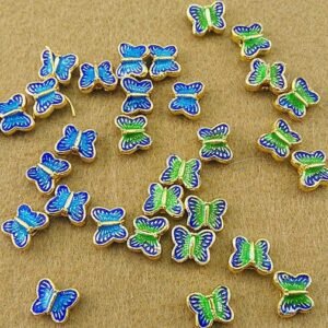 butterfly charm - cloisonne pendant - cloisonne beads - 6pcs brass plated gold bluish blue cloisonne bead