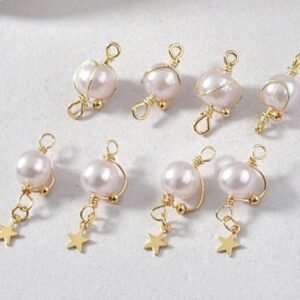 pearl dangle charm - beaded spiral wire - beaded spiral wreath - gold spiral pendant 6pcs