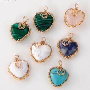 wire wrapped stone heart pendant -  Infinity heart charm -  gemstone beads for jewelry making 2pcs