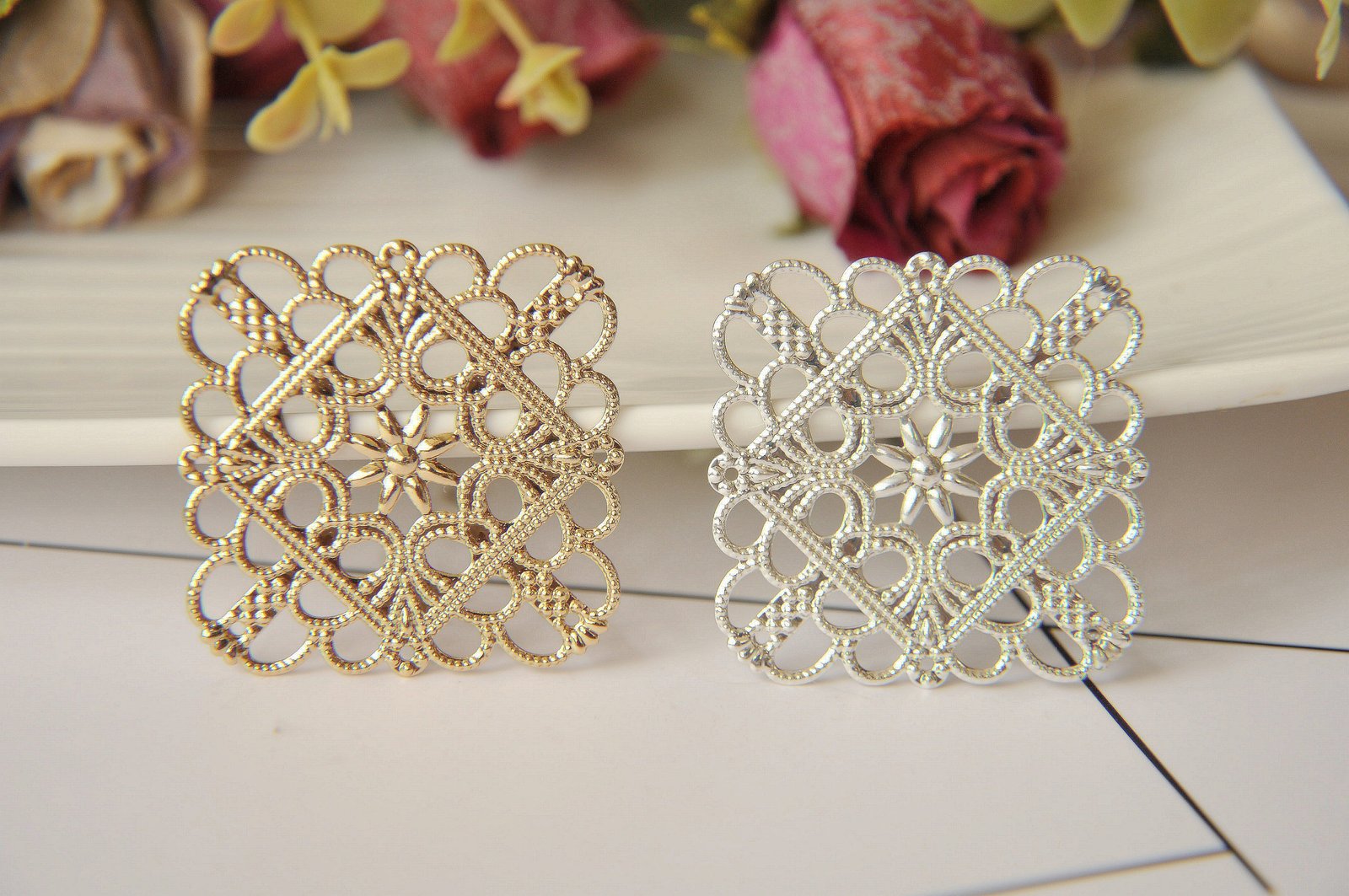 Square Brass Filigree Connectors | Cab Base for DIY Jewelry Making | Silver & Gold Plated Copper Wraps