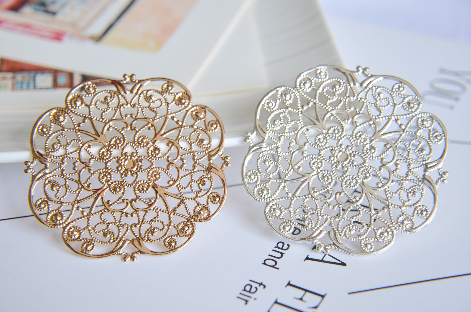 6pcs Gold/Silver/bronze Plated brass round Filigree Flower Wraps Connectors Charm Pendant for Necklace Jewelry Making Findings