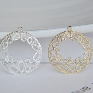 round brass pendant - filigree findings  -6pcs raw brass plating matt gold and silver pendant finding