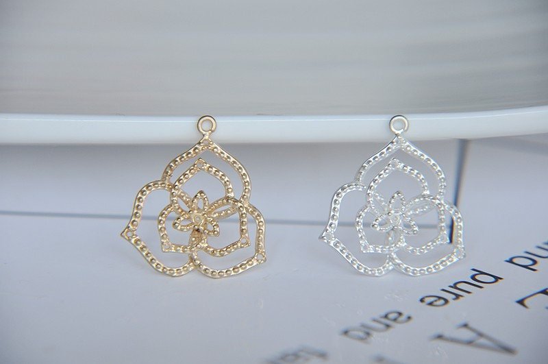 silver or gold jewelry flower charm - Flower Connector - Flower Brass Pendant - 6pcs raw brass plating flower  pendant finding