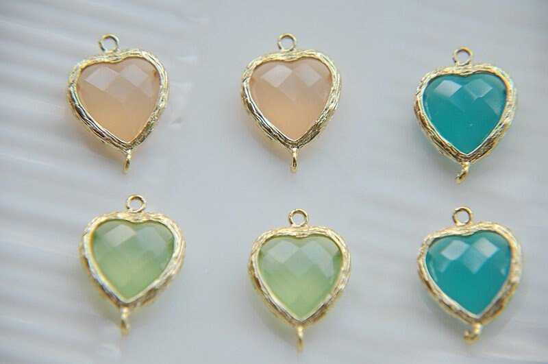 framed bead-6pcs gold plated,  light  green , resin heart , framed bead