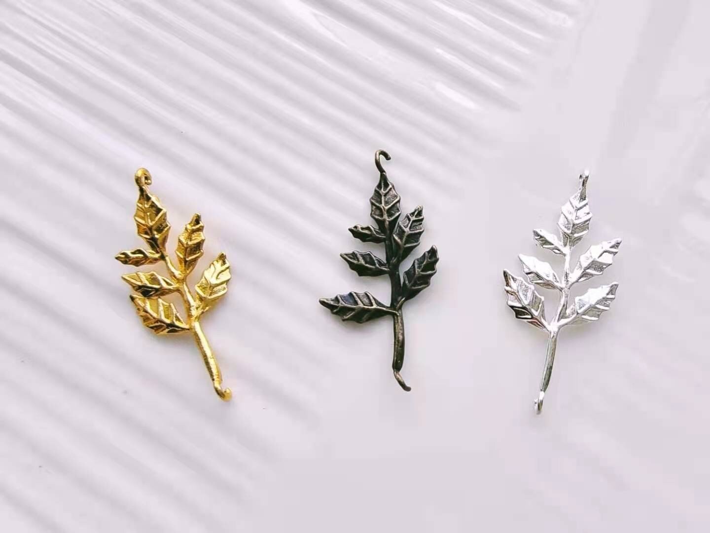 gold or silver leaf pendant - brass leaves - gold leaves pendant - 6 pcs raw Brass plating leaves pendant finding with half loop