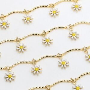 Enamel Flower Chain | Daisy Chain | Gold Plated Brass Designer Chain | Floral Link Chain Findings