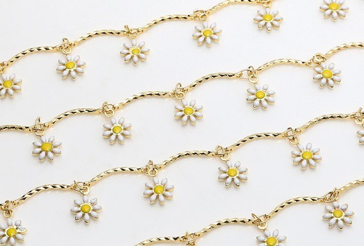 Enamel Flower Chain | Daisy Chain | Gold Plated Brass Designer Chain | Floral Link Chain Findings