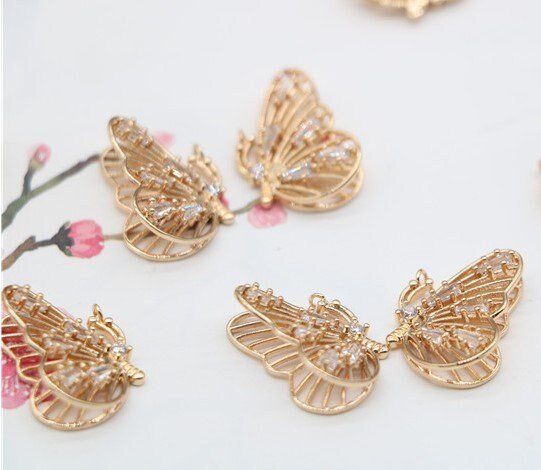 Cubic Zirconia Butterfly Charm- filigree connectors - Copper plated micro-inlaid zircon butterfly charm connector 4pcs xsg114