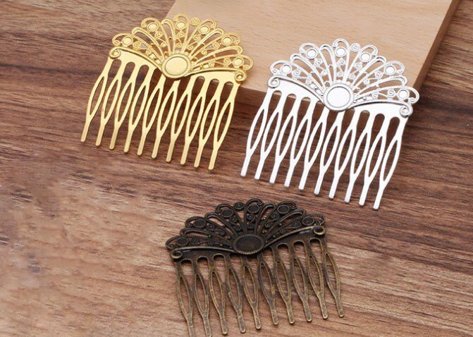 brass hair comb - filigree hair comb - antique hair comb 5 pcs raw Brass  plating antique bronze  flower Filigree hair comb