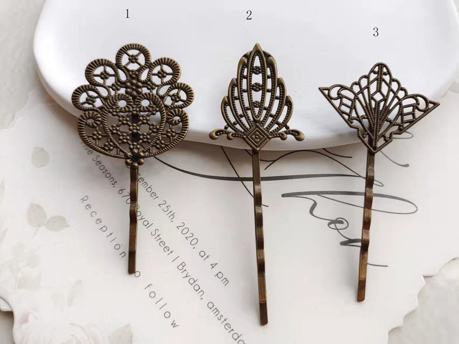 hair clip women - brass hair pin - 5 pcs raw Brass plating antique bronze flower Filigree hair pin pendant finding