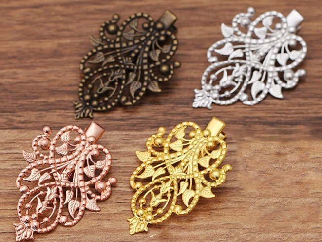 leaf hair clip - hair clip women - brass hair pin - 10pcs raw Brass plating antique bronze flower Filigree hair comb pin finding