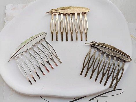 brass hair comb - filigree hair comb -5 pcs raw Brass  plating silver   feather  hair comb  pendant finding