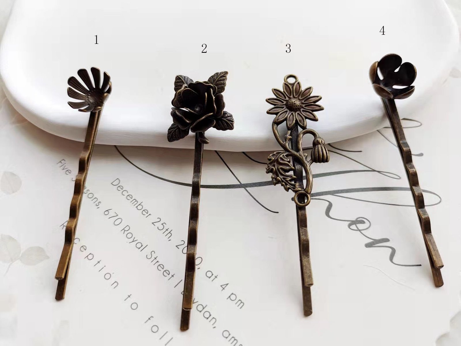 floral hair pin - hair clip women - brass hair pin - 10 pcs raw Brass  plating antique bronze  flower Filigree hair pin  pendant finding