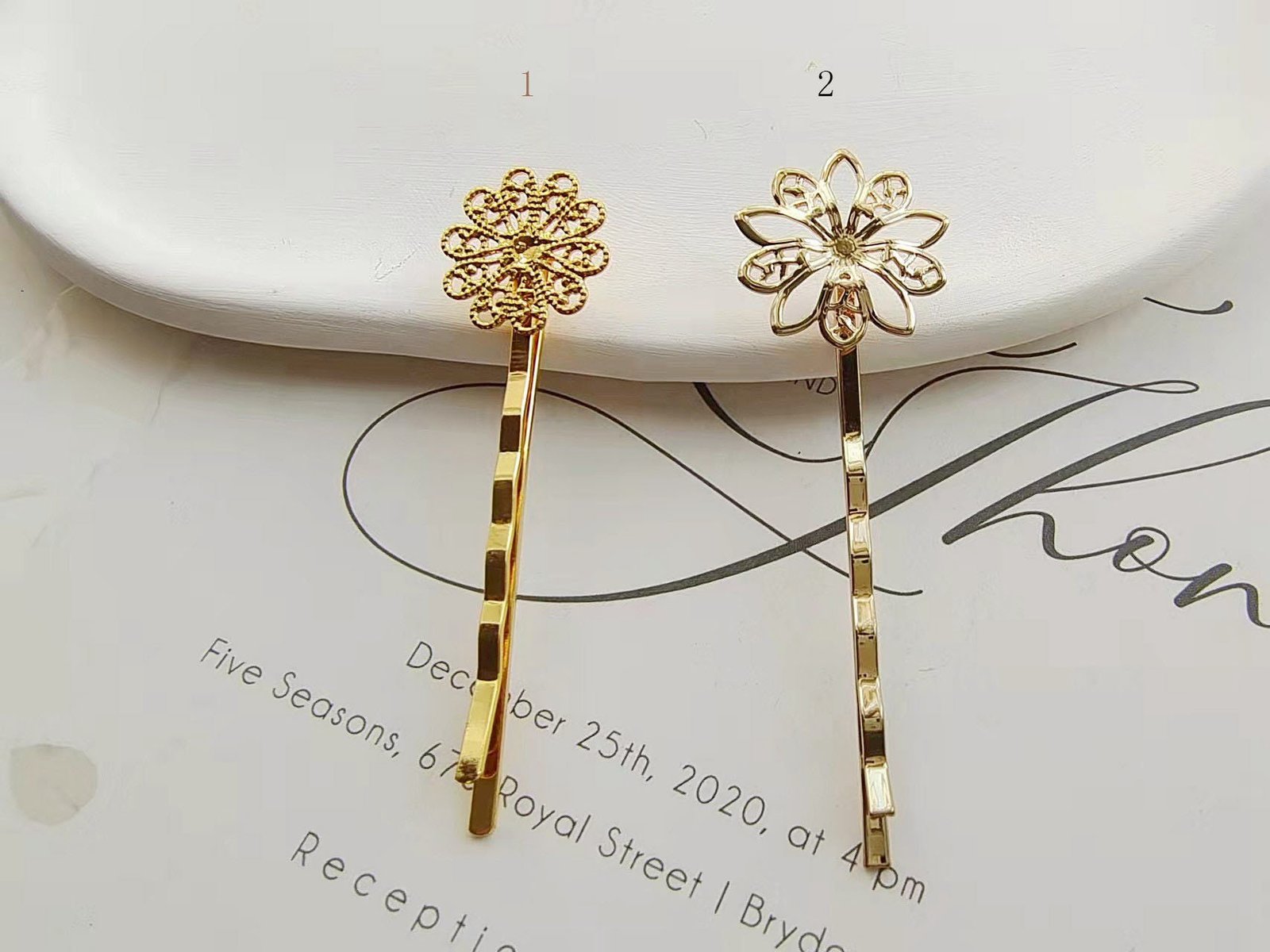 floral hair pin - hair clip women - brass hair pin - 10 pcs raw Brass  plating gold   flower Filigree hair pin  pendant finding