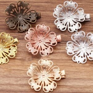 floral hair pin - hair clip women - brass hair pin - 5pcs raw Brass plating antique bronze   flower Filigree cab base Connector Finding 40mm