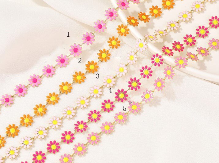 Enamel Flower Chain | Daisy Chain | Gold Plated Brass Designer Chain | Floral Link Chain Findings cu14k