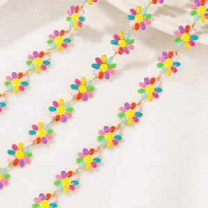 Enamel Flower Chain | Daisy Chain | Gold Plated Brass Designer Chain | Floral Link Chain Findings