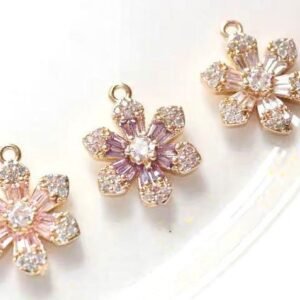 Cubic Zirconia Flower Charm - small glass bead -4pcs Copper plated micro-inlaid zircon  flower accessories