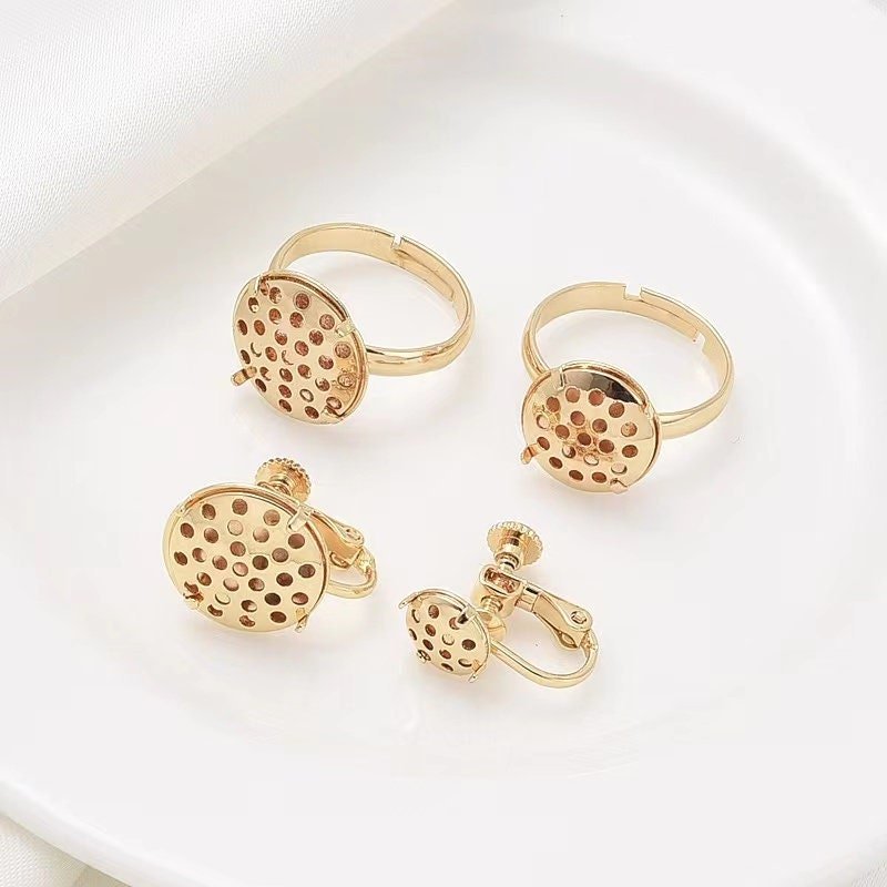 gold stud earrings - brass filigree ring  - Gold Ear post - hard Adjustable plated Brass Rings jewelry ring blank setting 6pcs