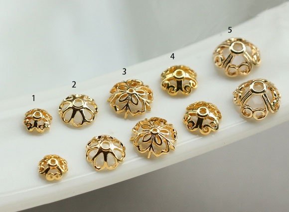 Gold Filigree Flower Bead Caps with Hole | Brass Metal Bead end Caps for Jewelry Making Supplies 10pcs