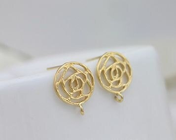 10 pcs Flat Round Textured Rose Ear Post - flat back earrings - Gold Ear post