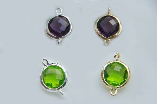 6pcs 14K Gold Filled Round Glass Bead link Connectors - Green and purple with Copper Bezel