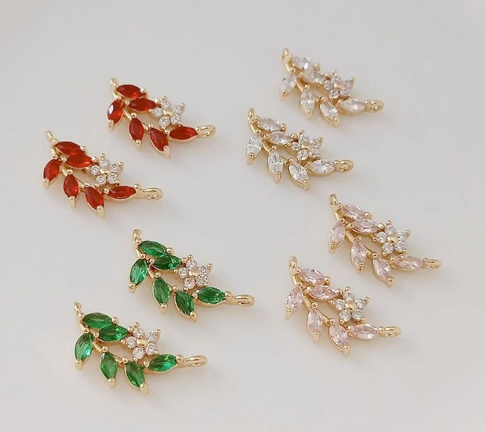 4pcs Cubic Zirconia Leaf Charms -Emerald Green Leaf  - Olive Branch charm