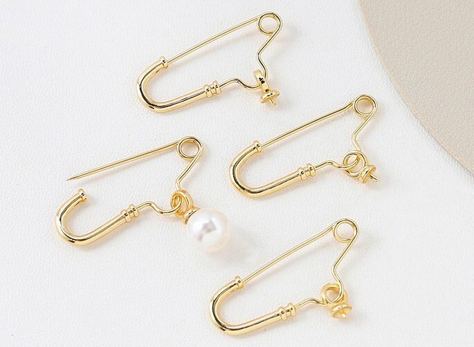 safety pin brooch - vintage brass brooch -3pcs raw Brass plating gold pin brooch  cab  finding