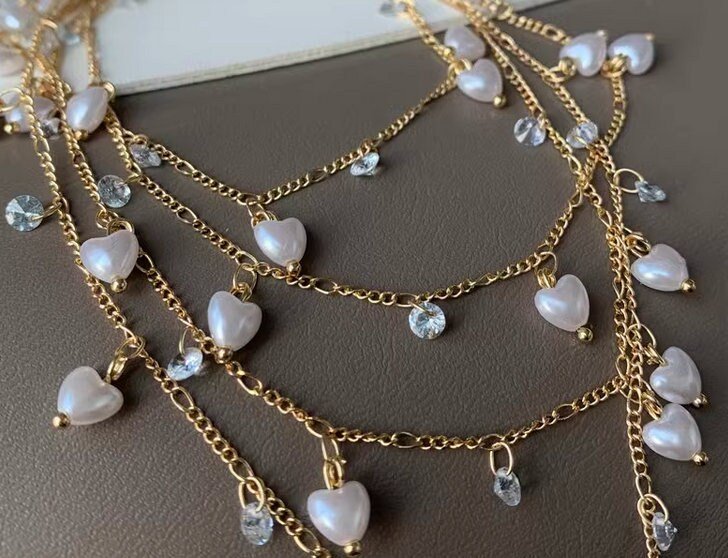 Heart  pearl necklace Beaded Chain  - Wire Wrapped Chain - beaded chain  -  50 cm