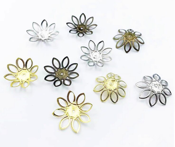 50pcs Gold, silver and Bronze Filigree Flower Bead Caps with Hole | Brass Metal Bead Caps for Jewelry Making Supplies