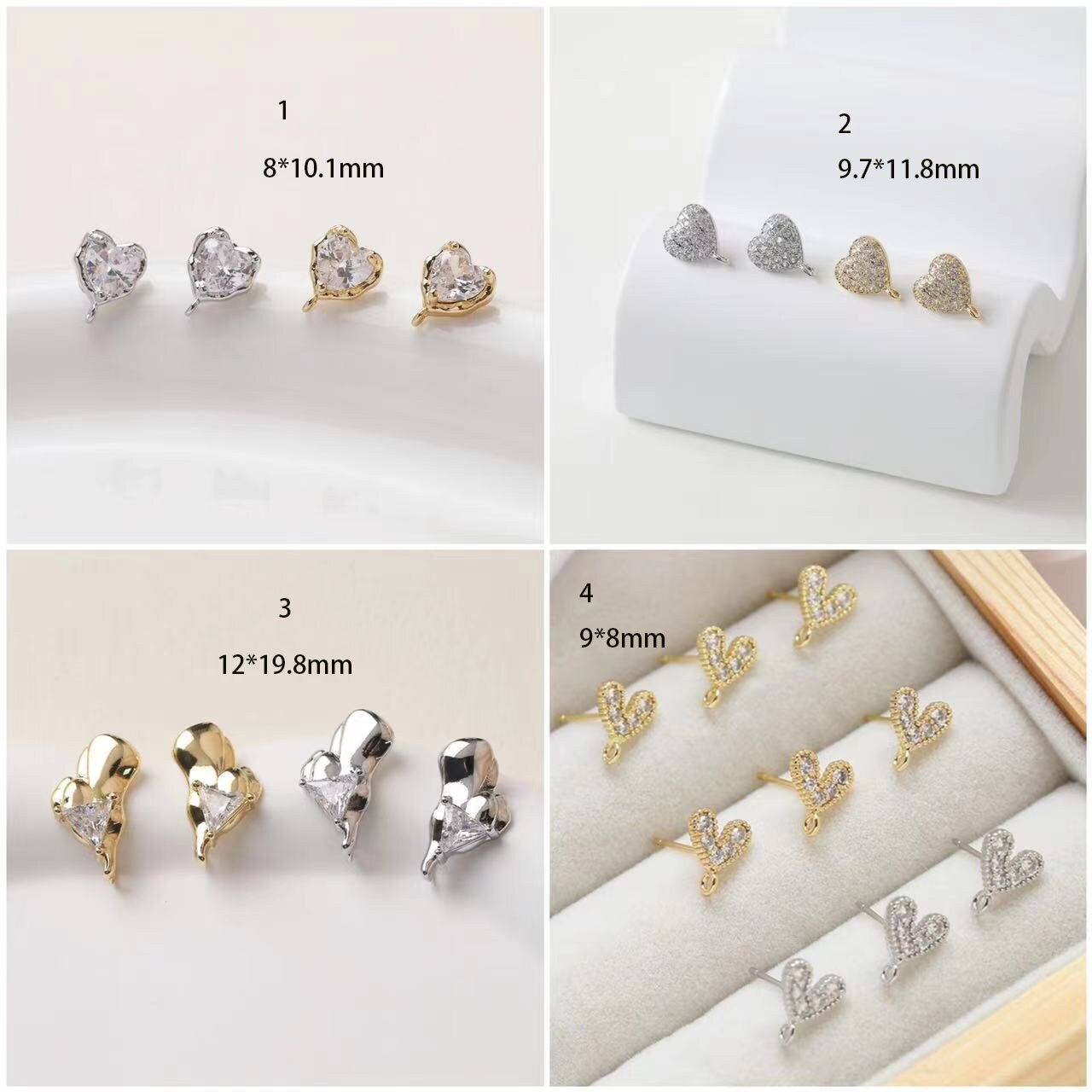 Dainty Heart Earrings Studs , Gold and silver Plated Brass Heart Ear post ,Jewelry Gifts for Women 4pcs