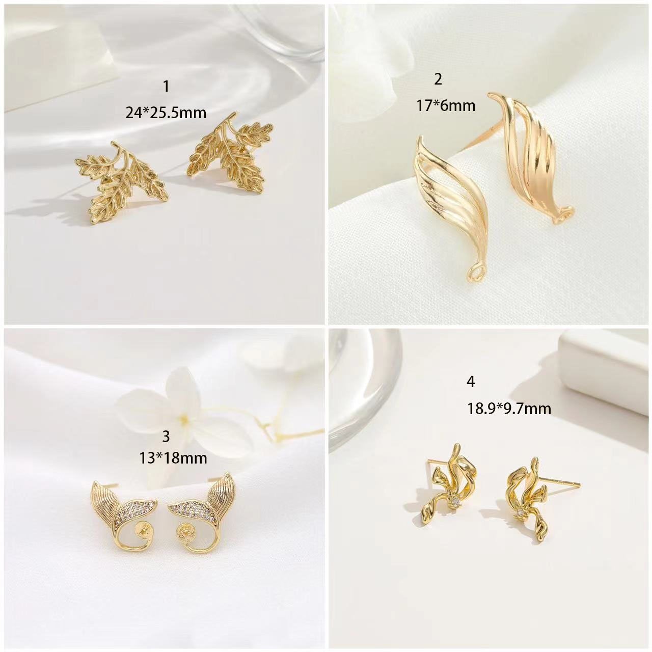 14K Gold Plated Brass Leaf Ear Studs - fish tail Ear Studs   4pcs