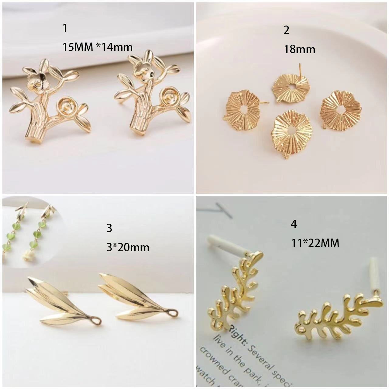 Gold Plated Brass Leaf Ear Studs - Dainty Nature Leaf Earrings  - leaf ear post - tree earrings stud  6pcs