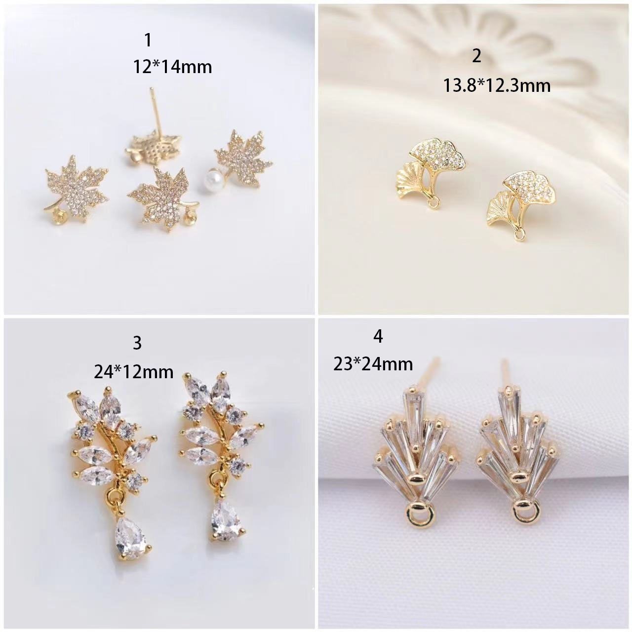 Elegant 18K Gold Plated Cubic Zirconia Leaf Earring Studs - CZ Paved Leaves Ear Posts  4pcs