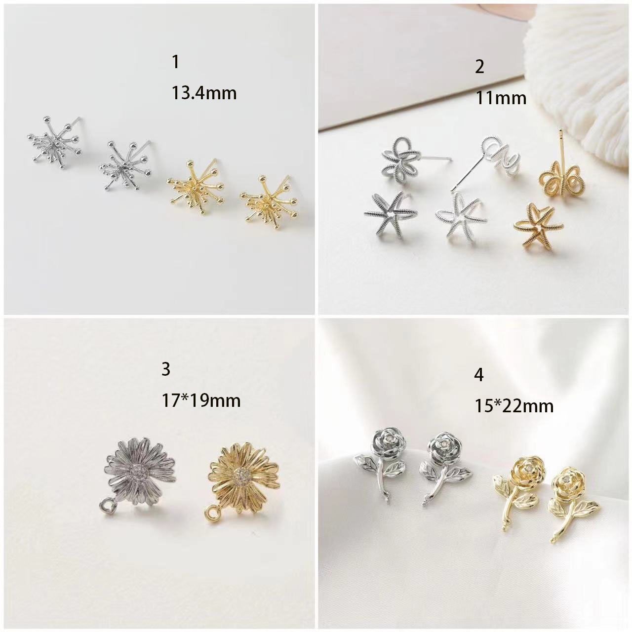 flower ear post - 14k gold pated brass flower earrings studs - Handcrafted Floral Stud Earrings 4pcs