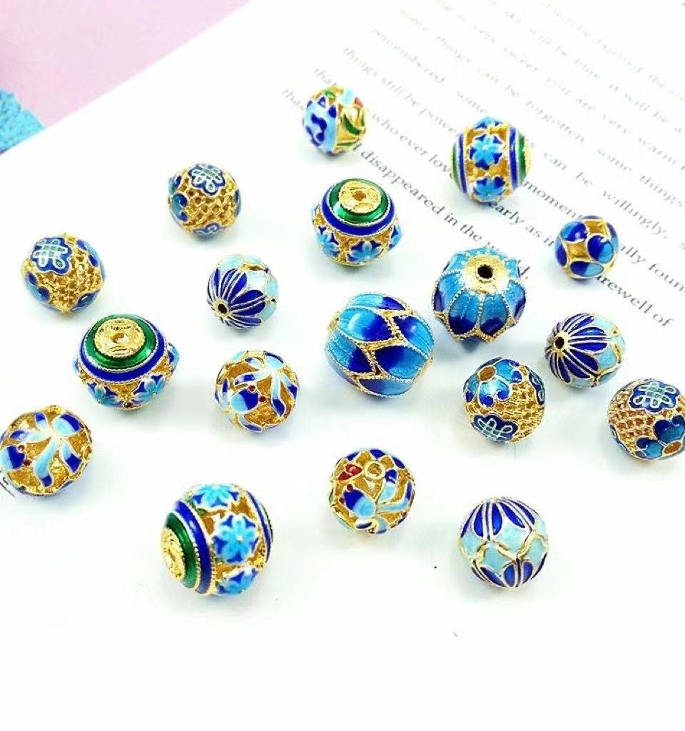 Cloisonne Pendant | Cloisonne Beads | Brass Plated Gold Bluish Blue Cloisonne Beads 4pcs