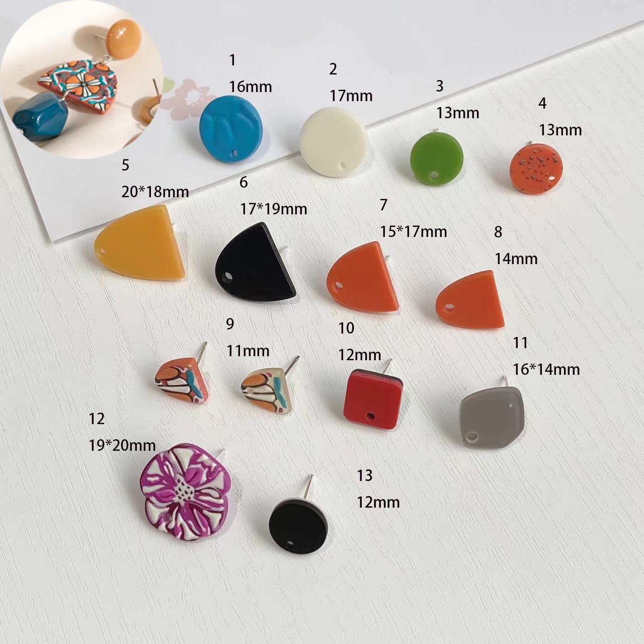 10pcs Handmade Geometric Acrylic Earrings - Semi Circle Colorful Studs - DIY Jewelry Making Supplies