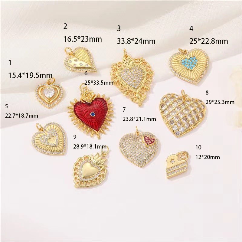 2pcs Gold Micro Pave Heart Pendant - Cubic Zirconia Heart Charm Necklace Jewelry Component