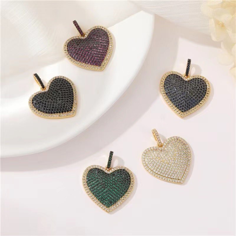 1pc Gold Micro Pave Heart Pendant - Large Cubic Zirconia Heart Charm Necklace Jewelry Component