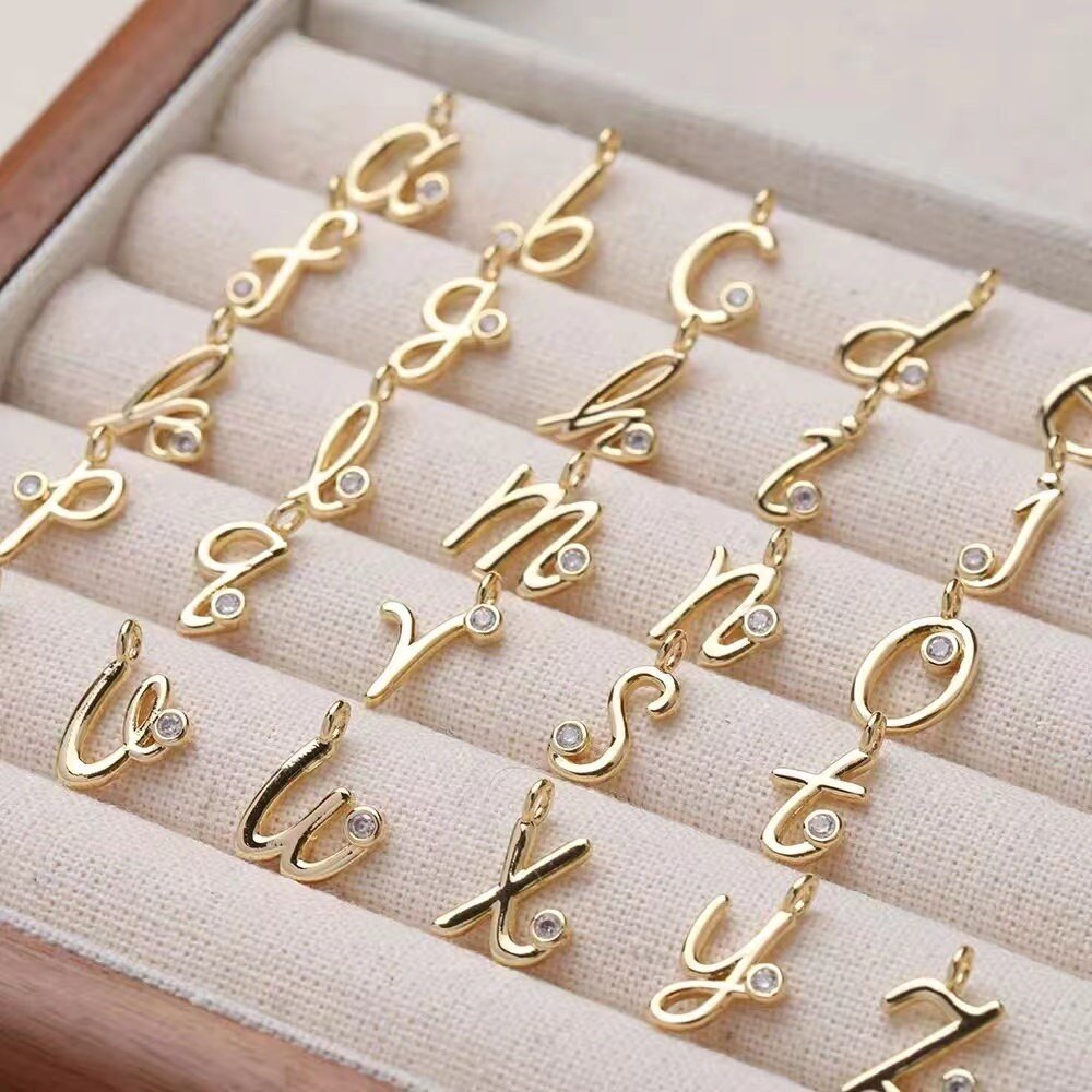 1 piece  Gold Micro Pave Initial Pendant - Cursive Letter A-Z - Personalized Add-on Charm for Necklaces