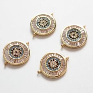 2pcs Mini Gold Filled Evil Eye Sunburst Charm - Link Connector Double Bail Opal Eye Charm for Necklaces & Bracelets