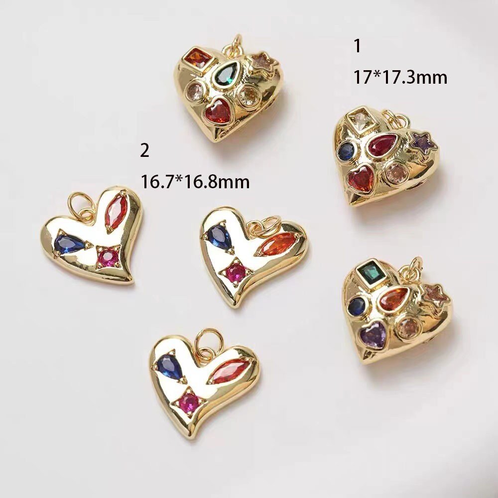 2 pieces Gold Geometric Heart Pendant - Multi Color CZ Star Drop Charm for Minimalist Jewelry