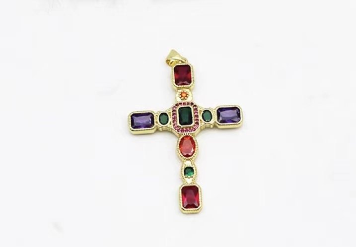 1 piece 14K Gold Filled Multicolor CZ Geometric Latin Cross Pendant - Elegant and Vibrant Religious Jewelry