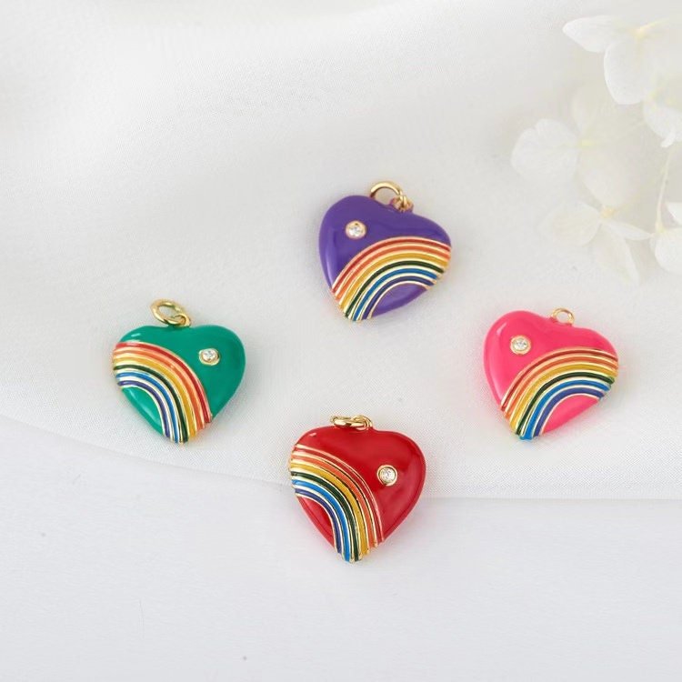 3pcs Rainbow Enamel Heart Charms -  Retro CZ Pendants for Vintage Jewelry