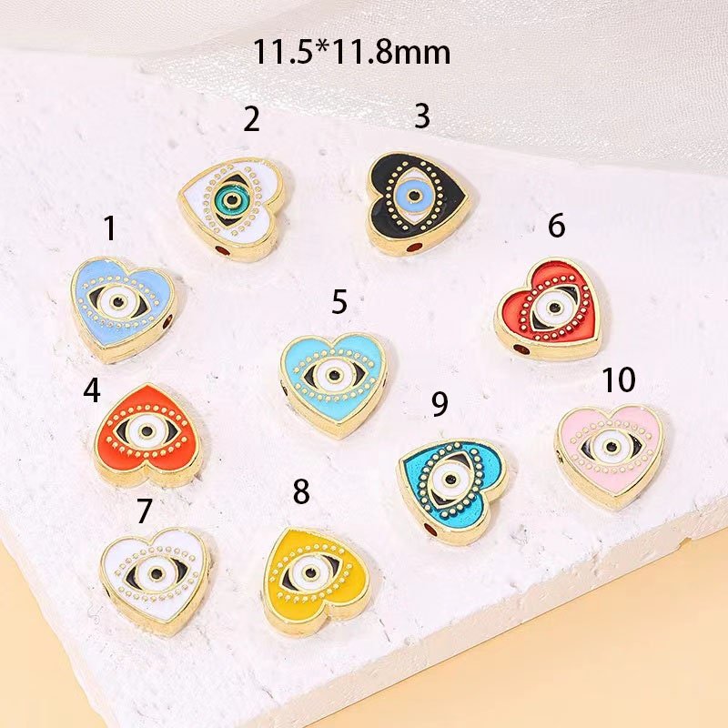 10pcs Double-Sided Evil Eye Heart Beads - Black Blue White Enamel Spacer for Bracelet