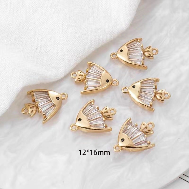 4 pcs Baguette Paved Gold Fish Charms - Ocean Animal Bracelet, Necklace and Earring Charms