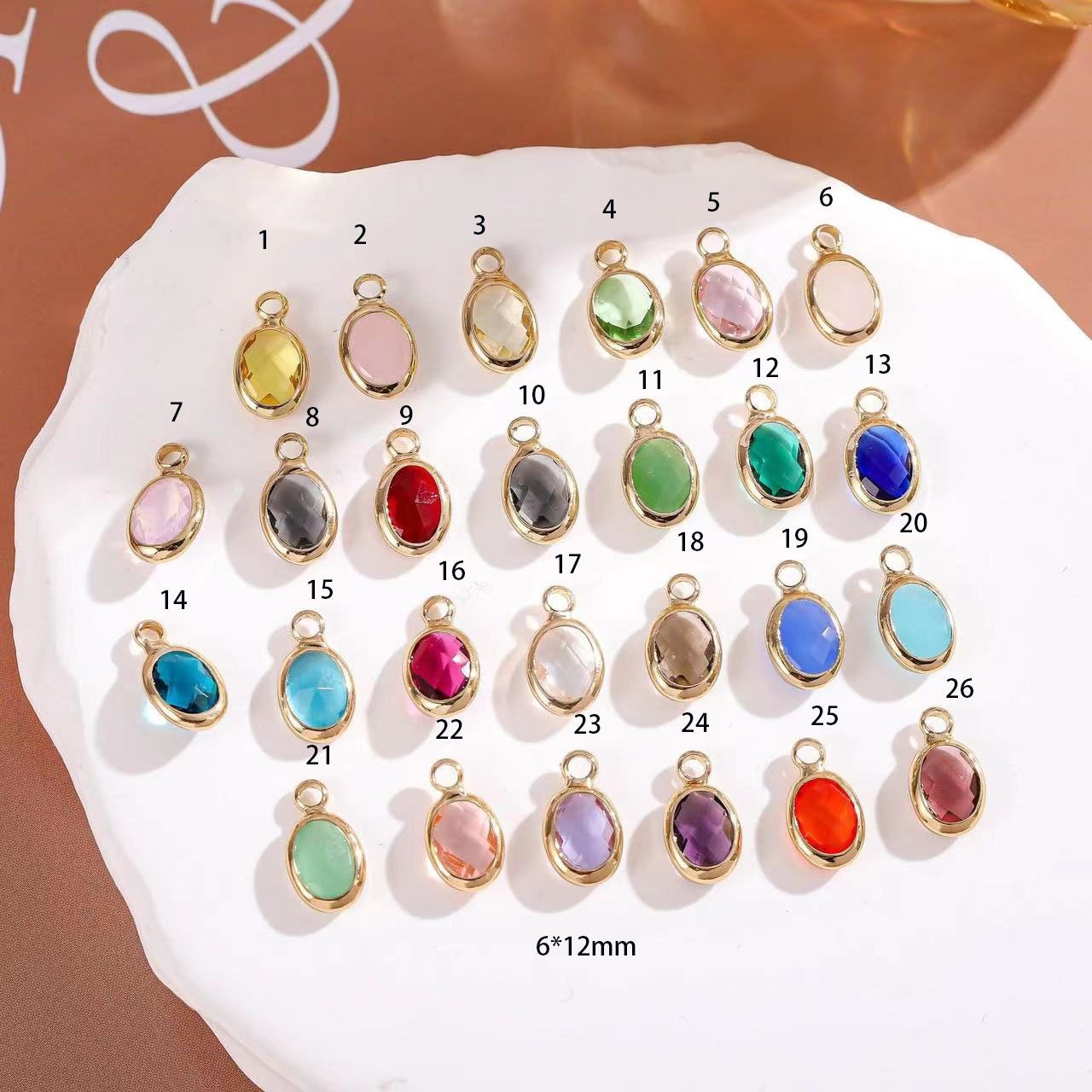 10pcs Customized Gold-Plated Oval Charm with Multifaceted Glass - Personalized Birthstone Accent for Earrings and Bracelets