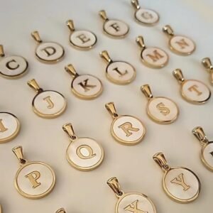 1 piece  Gold round Initial Pendant with Shell Inlay & Micro CZ Pave - Choose A-Z for Personalized Add-on Charm for Necklaces