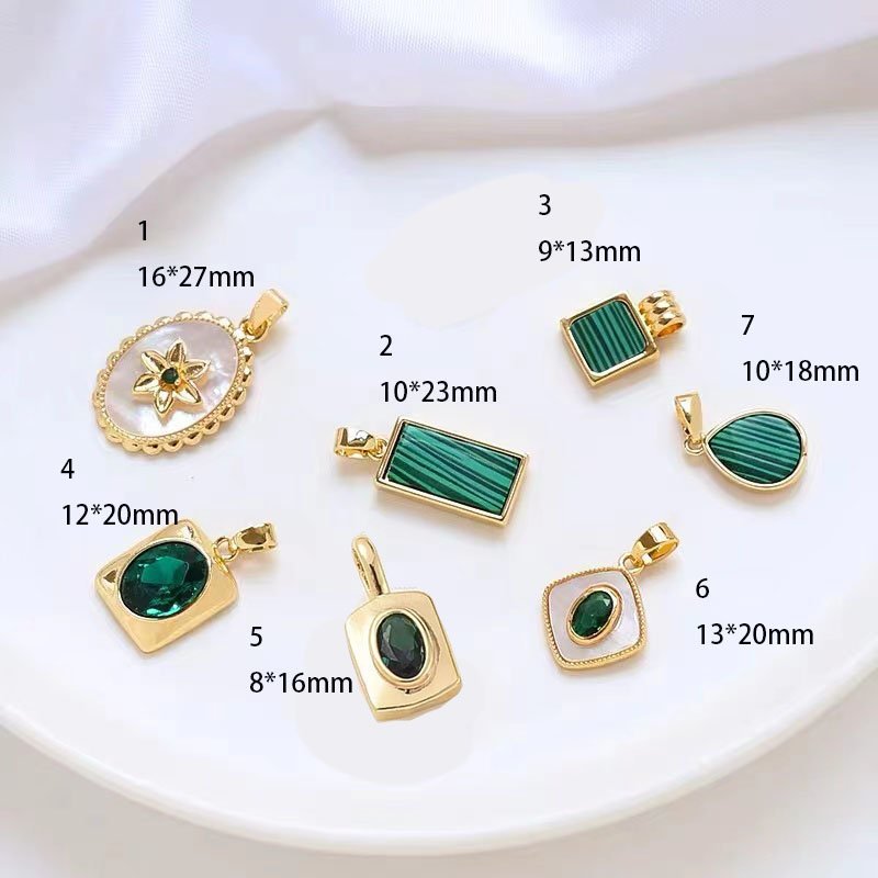 2 pieces Mini pearl shell Tag Charm with Emerald Green CZ Oval Stone for Necklace Pendant Jewelry Making Supply