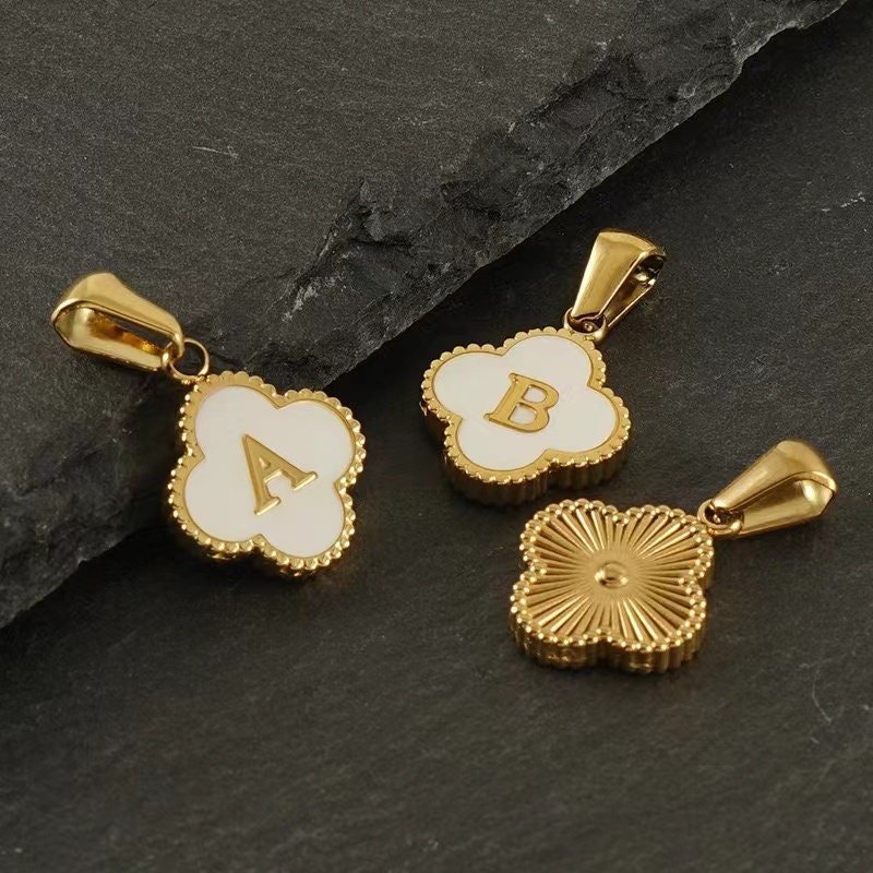 1 piece Gold Initial flower Pendant with Shell Inlay & Micro CZ Pave - Choose A-Z for Personalized Add-on Charm for Necklaces